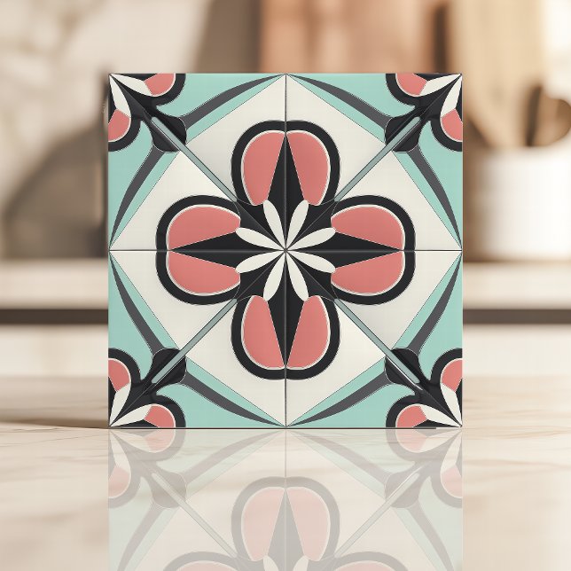 Art Deco Floral Design in Pink, Black, and Mint Ceramic Tile (Creator Uploaded)