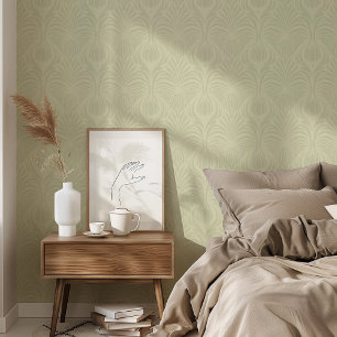 Art Deco Floral Feather Pattern Soft Sage Green Wallpaper