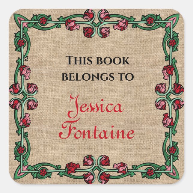 Art Deco Floral Frame Red Pink Green Personalized Square Sticker (Front)