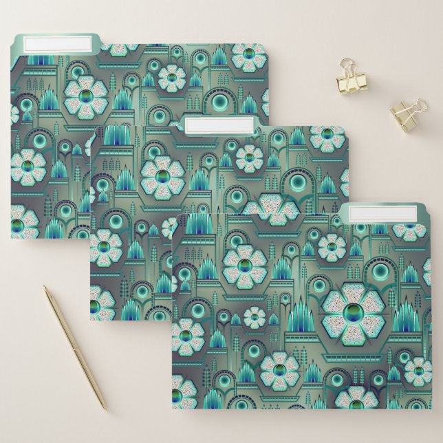 Art deco floral geometric pattern teal green white file folder (Set)