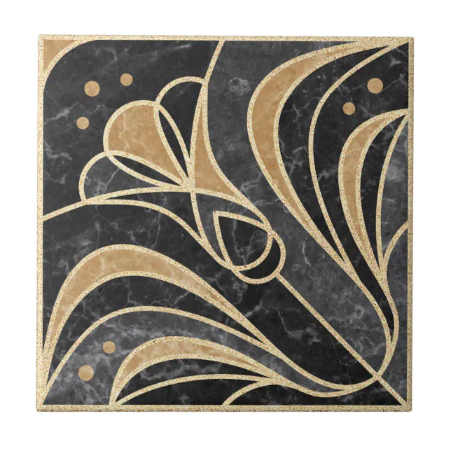 Art Deco Floral. Gold and Marble Ceramic Tile | Zazzle