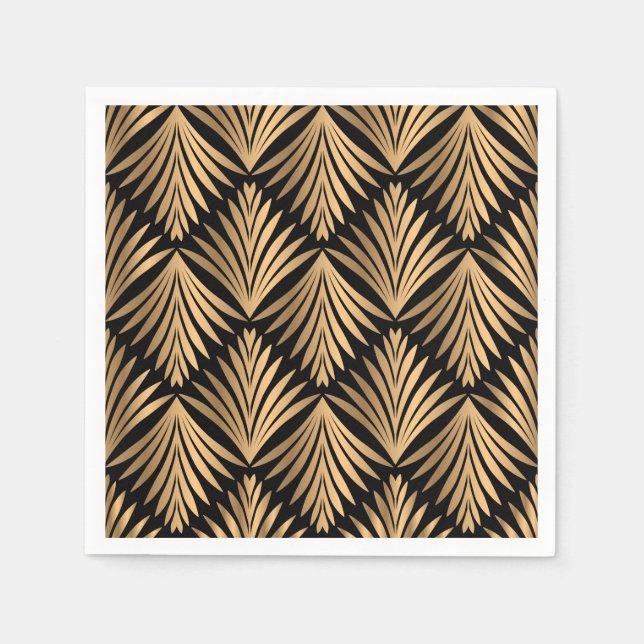 Art Deco Floral Great Gatsby Black Gold Wedding Napkins (Front)