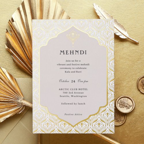 Art Deco Floral Lotus Mehndi Gold Foil Invitation