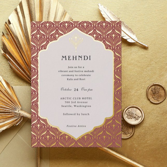 Art Deco Floral Lotus Mehndi Gold Foil Invitation (mehndi invitation, indian wedding invitation, mehendi invitation, hindu wedding invitation, art deco)