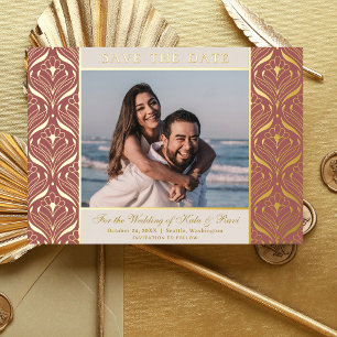 Art Deco Floral Lotus Wedding Save The Date Gold Foil Invitation