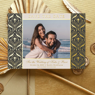 Art Deco Floral Lotus Wedding Save The Date Gold Foil Invitation