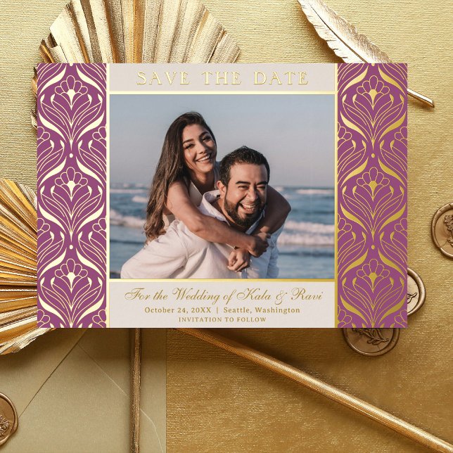 Art Deco Floral Lotus Wedding Save The Date Gold Foil Invitation (art deco wedding save the date card, indian wedding photo save the date, hindu wedding announcement)