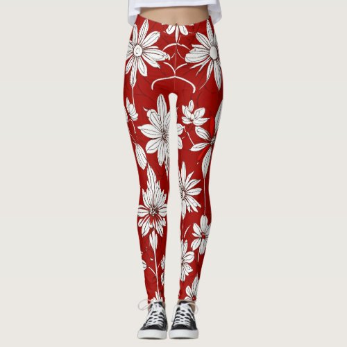 Art Deco Floral Red Leggings