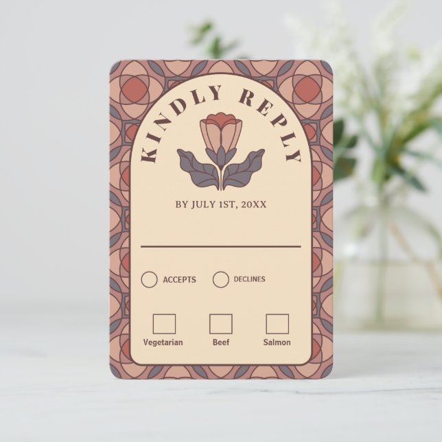 Art Deco Floral RSVP Card with Meal Choice QR (Standing Front)