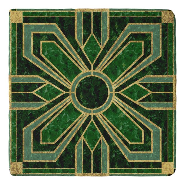 Art Deco Floral Tile, Emerald Green Trivet (Front)