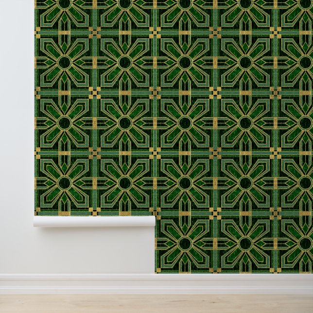 Art Deco Floral Tiles, Emerald Green and Faux Gold Wallpaper (Application)