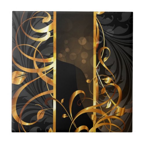 art deco flourish black and gold swirls tile