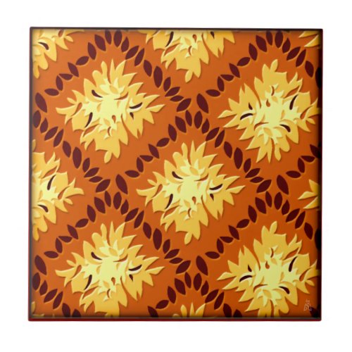 Art Deco Flower Grid Pumpkin Spice Goldenrod Ceramic Tile