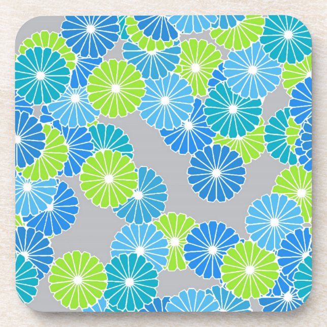 Art Deco flower pattern - blue and lime green Beverage Coaster (Front)