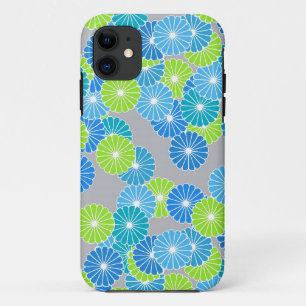 Art Deco flower pattern - blue and lime green iPhone 11 Case
