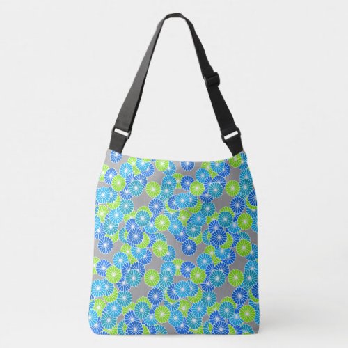 Art Deco flower pattern _ blue and lime green Crossbody Bag