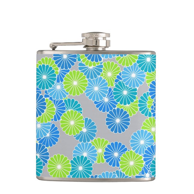Art Deco flower pattern - blue and lime green Flask (Front)