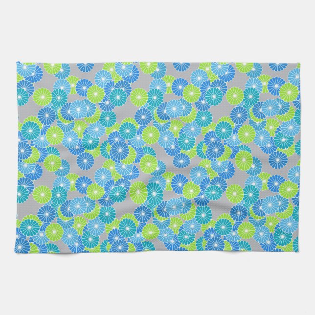 Art Deco flower pattern - blue and lime green Kitchen Towel (Horizontal)