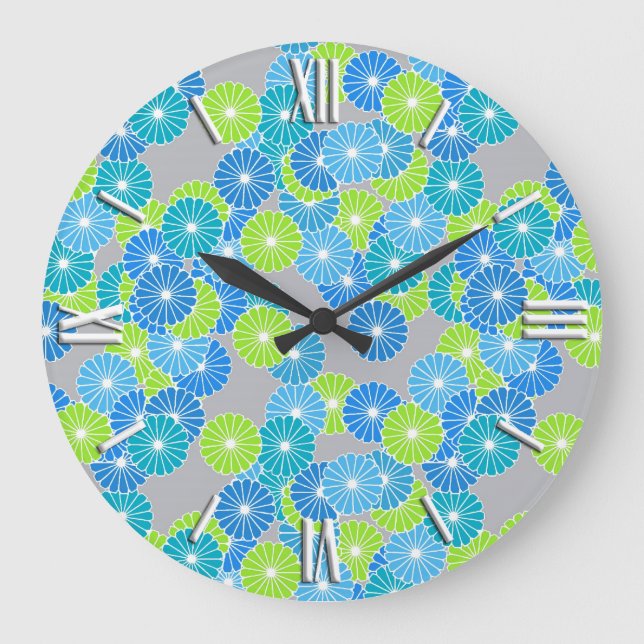 Art Deco flower pattern - blue and lime green Large Clock (Front)