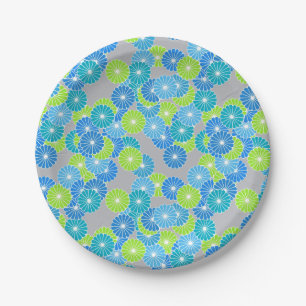 Art Deco flower pattern - blue and lime green Paper Plates