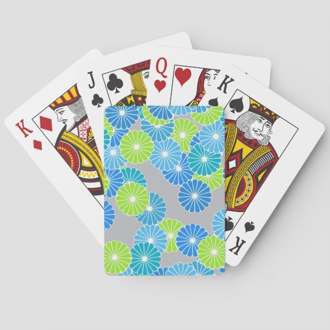 Art Deco flower pattern - blue and lime green Poker Cards (Back)