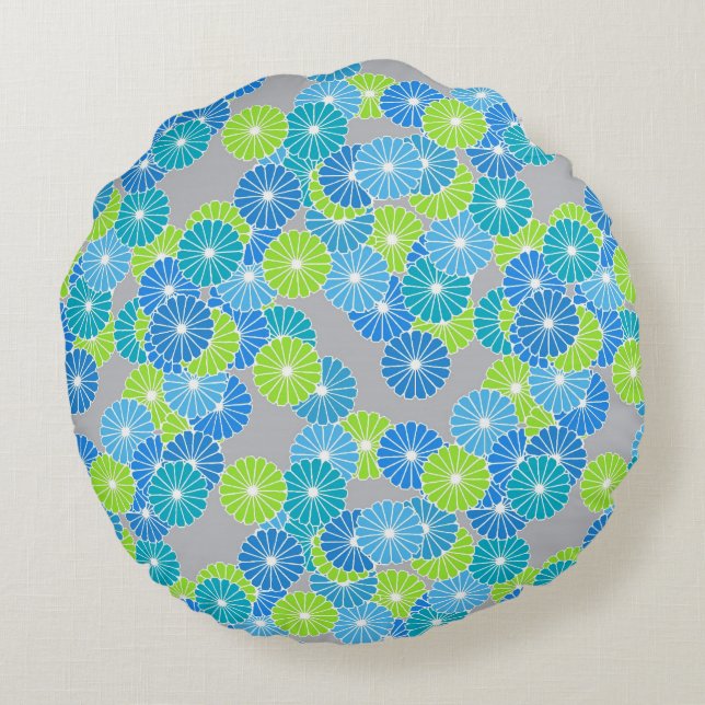 Art Deco flower pattern - blue and lime green Round Pillow (Back)