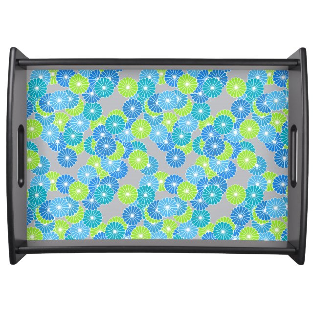 Art Deco flower pattern - blue and lime green Serving Tray (Front)