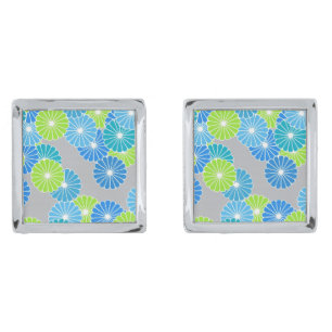 Art Deco flower pattern - blue and lime green Silver Cufflinks