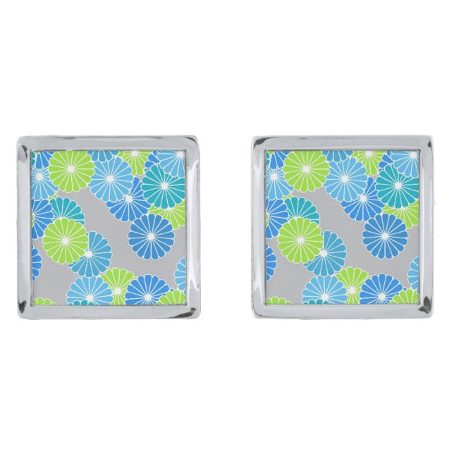 Art Deco flower pattern - blue and lime green Silver Cufflinks (Front)