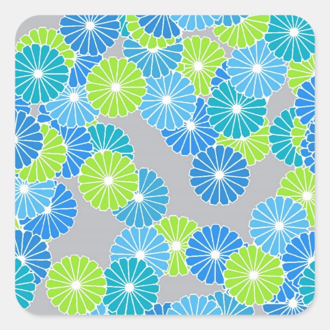 Art Deco flower pattern - blue and lime green Square Sticker (Front)