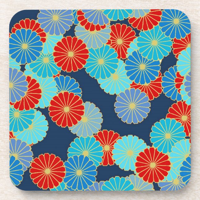 Art Deco flower pattern - blue, turquoise and red Beverage Coaster (Front)