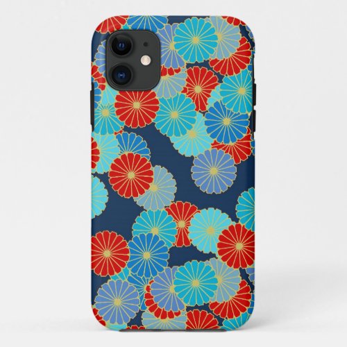 Art Deco flower pattern _ blue turquoise and red iPhone 11 Case