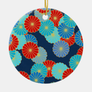 Art Deco flower pattern - blue, turquoise and red Ceramic Ornament