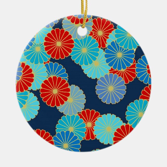 Art Deco flower pattern - blue, turquoise and red Ceramic Ornament (Front)