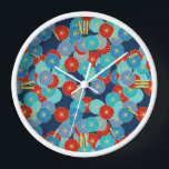Art Deco flower pattern - blue, turquoise and red Clock<br><div class="desc">An Art Deco pattern based on a traditional,  stylized chrysanthemum pattern used in Japanese textiles,  in shades of blue,  turquoise and bright red,  outlined in gold,  on a dark blue background</div>
