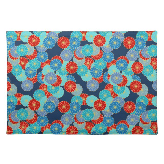 Art Deco flower pattern - blue, turquoise and red Cloth Placemat (Front)