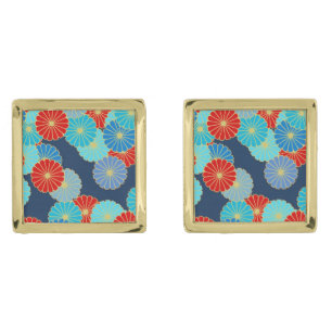 Art Deco flower pattern - blue, turquoise and red Gold Cufflinks