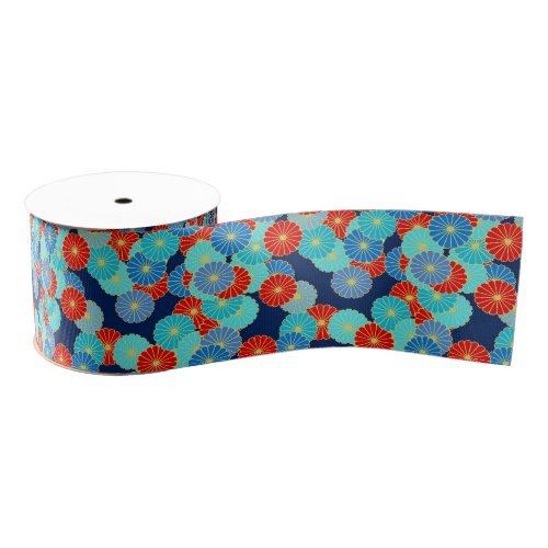 Art Deco flower pattern _ blue turquoise and red Grosgrain Ribbon