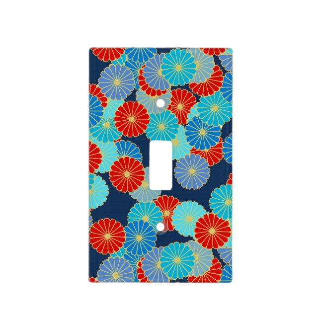 Art Deco flower pattern - blue, turquoise and red Light Switch Cover (Front)
