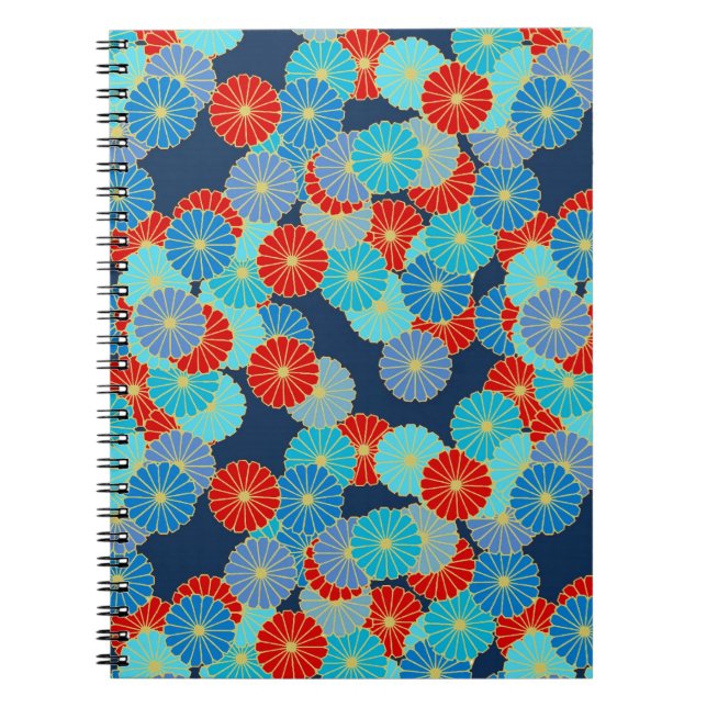 Art Deco flower pattern - blue, turquoise and red Notebook (Front)