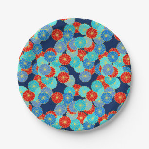 Art Deco flower pattern - blue, turquoise and red Paper Plates