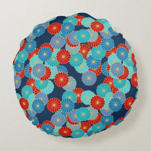 Art Deco flower pattern _ blue turquoise and red Round Pillow