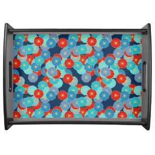 Art Deco flower pattern - blue, turquoise and red Serving Tray