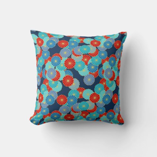 Art Deco flower pattern _ blue turquoise and red Throw Pillow