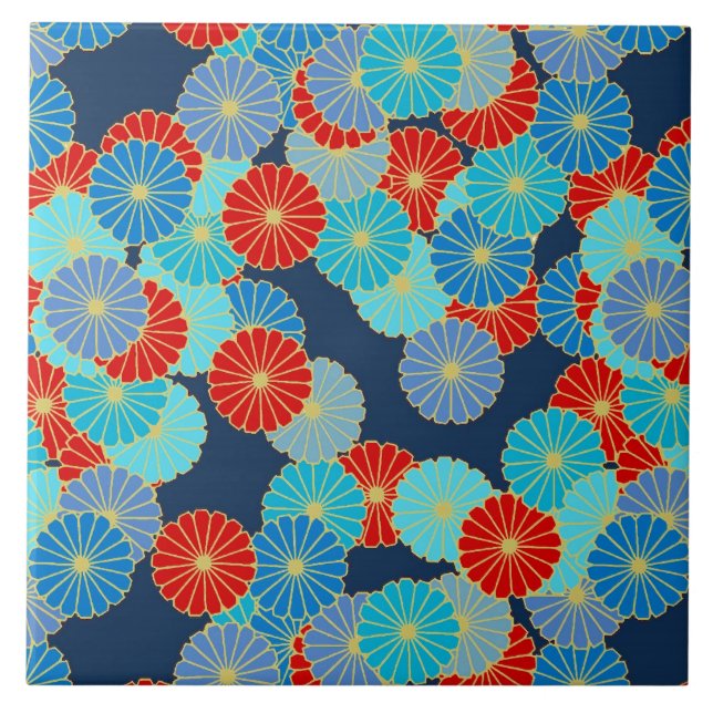 Art Deco flower pattern - blue, turquoise and red Tile (Front)