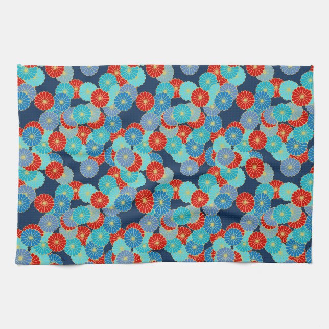 Art Deco flower pattern - blue, turquoise and red Towel (Horizontal)