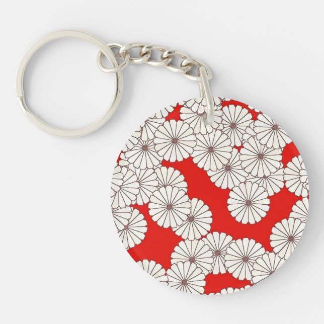 Art Deco flower pattern - cream on red Keychain (Front)
