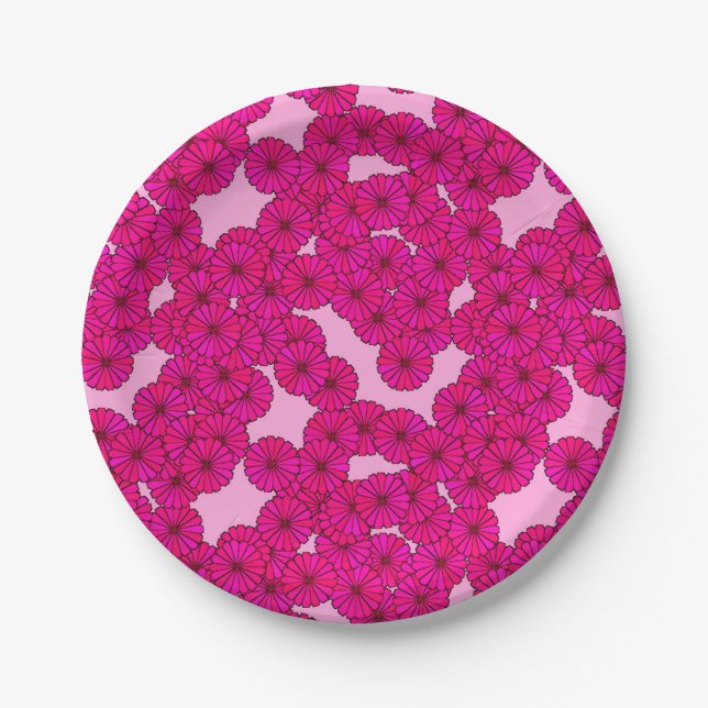 Art Deco flower pattern - magenta on pink Paper Plates (Front)