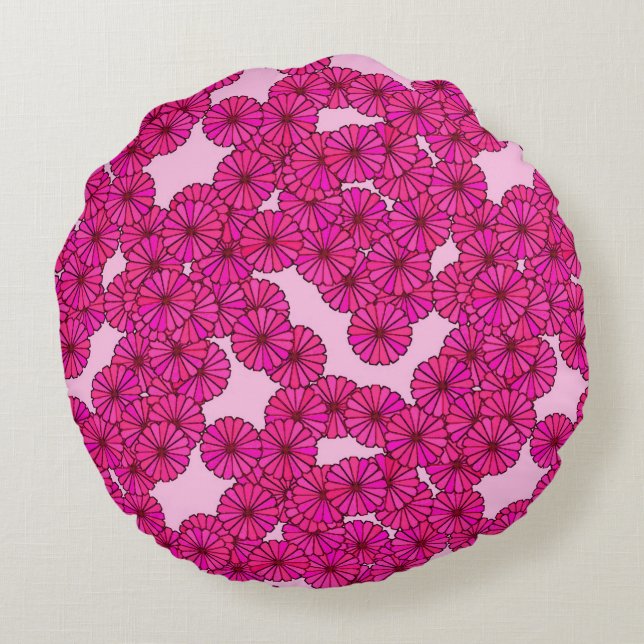Art Deco flower pattern - magenta on pink Round Pillow (Back)