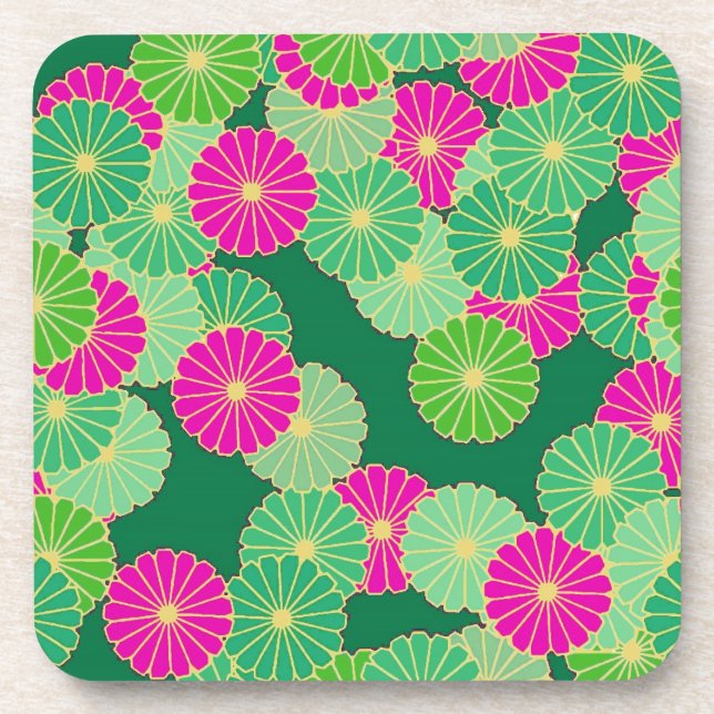 Art Deco flower pattern - shades of green, fuchsia Beverage Coaster (Front)